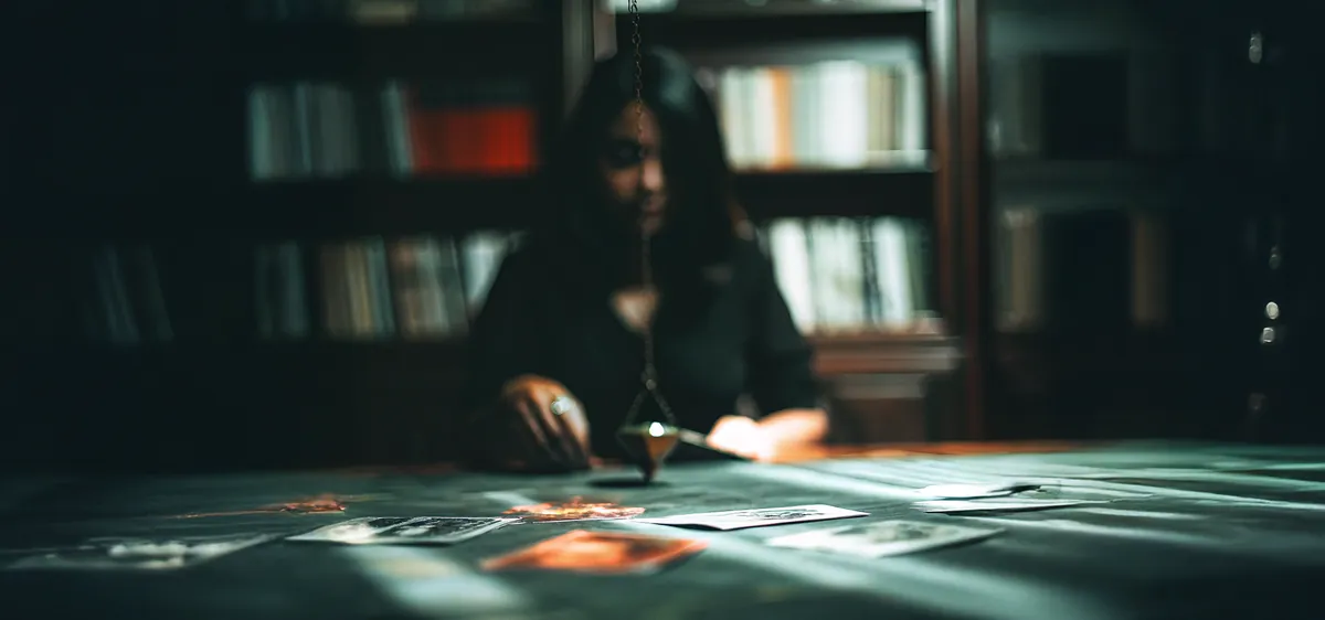 Une femme assise à une table de consultation, dans une bibliothèque sombre