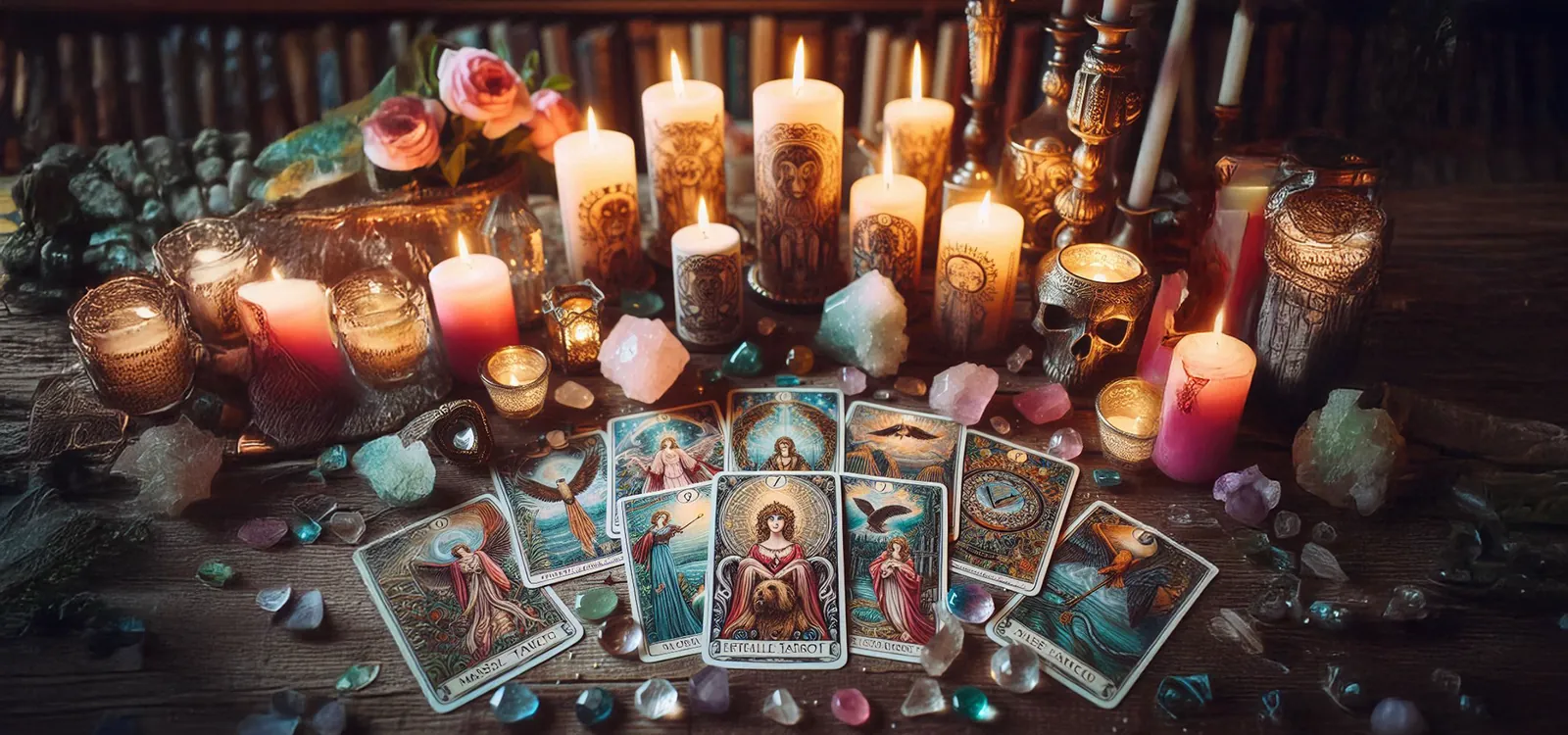Cartes de tarot entourées de bougies et de pierres
