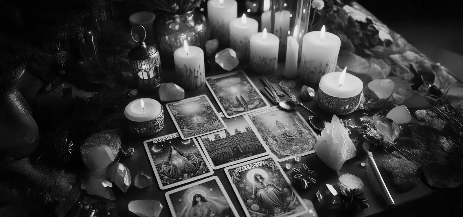 Cartes de tarot en noir et blanc, à la lueur des bougies
