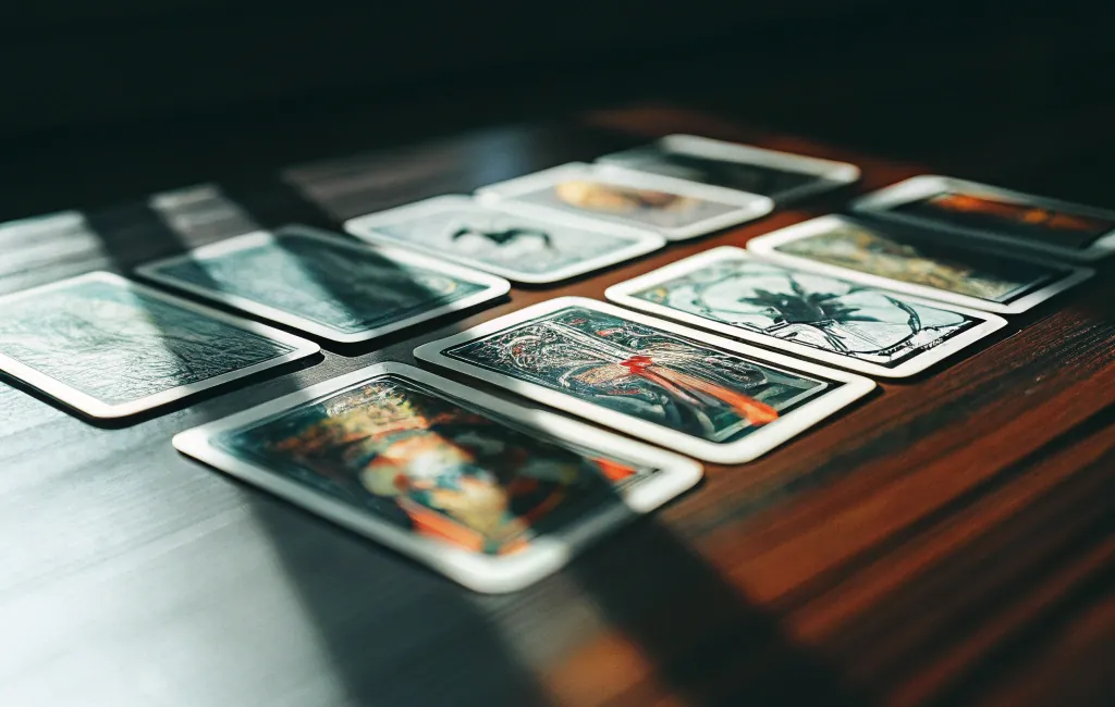 Cartes de tarot alignées sur une table, dans la lumière rasante