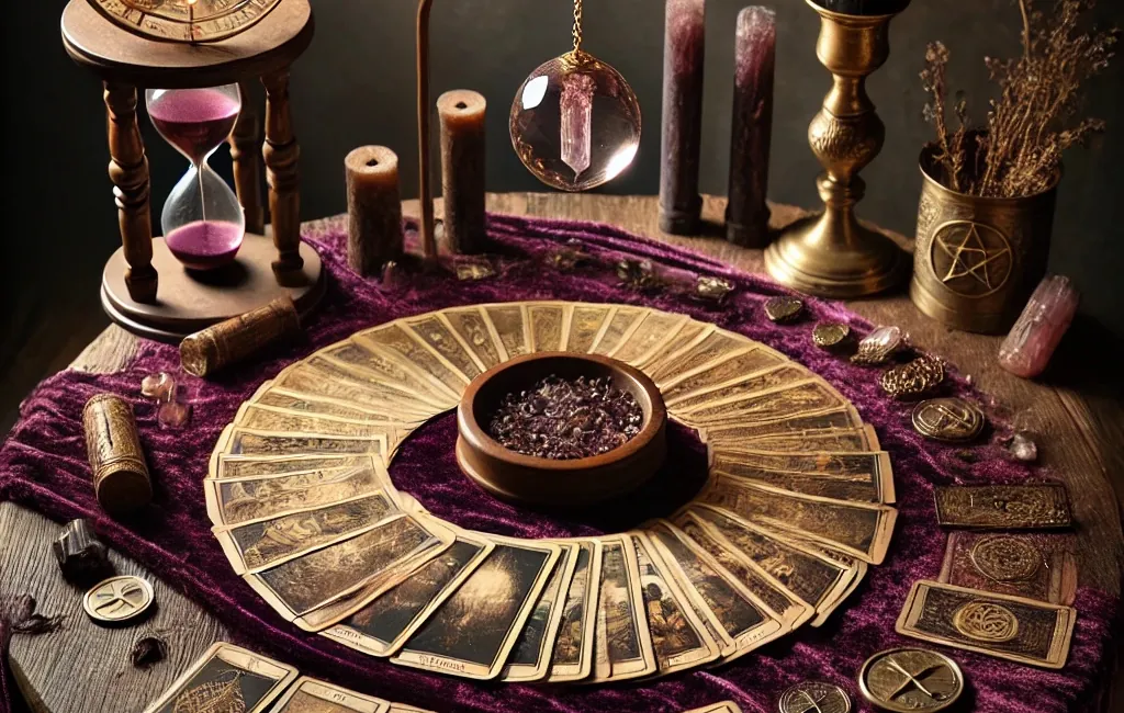 Tirage circulaire sur un tissu violet, sablier et bougies